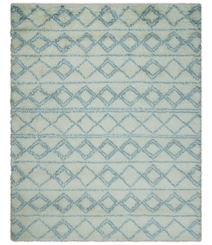 Modern Ivory and Blue Moroccan Hand Made Wool Area Rug