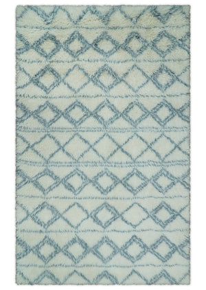 Modern Ivory and Blue Moroccan Hand Made Wool Area Rug