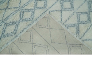 Modern Ivory and Blue Moroccan Hand Made Wool Area Rug