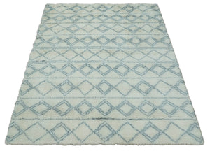 Modern Ivory and Blue Moroccan Hand Made Wool Area Rug