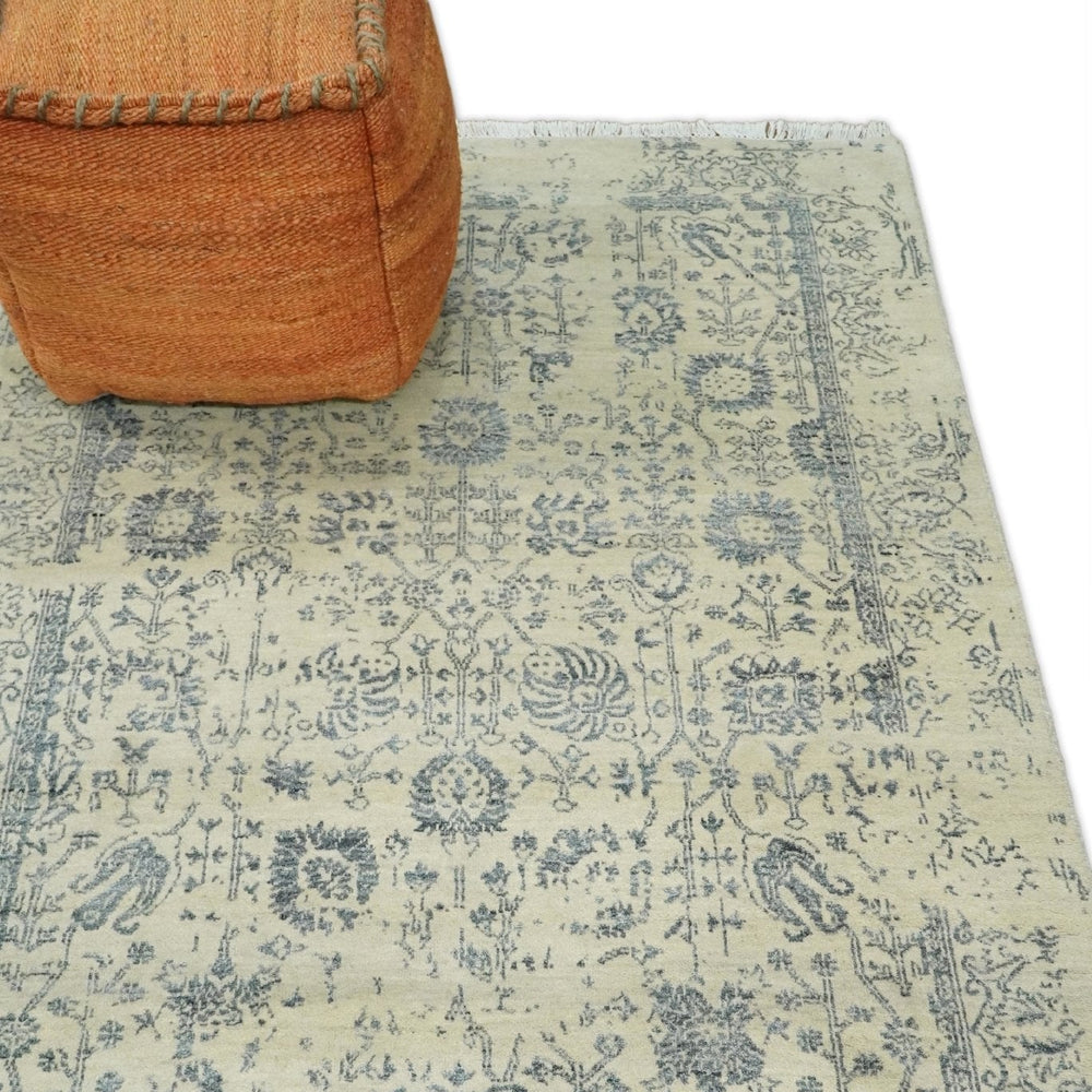 4x6 Fine Hand Knotted Beige and Gray Traditional Vintage Persian Style Antique Wool and Silk Rug | AGR14