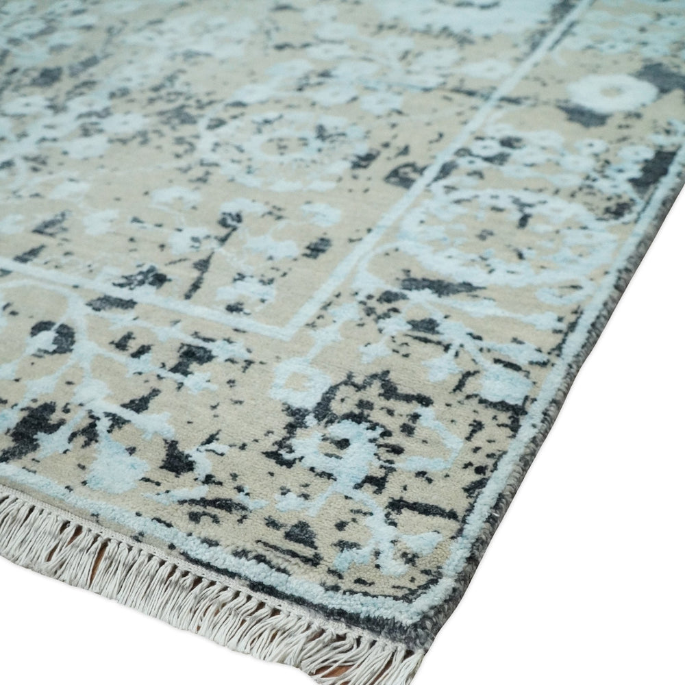 4x6 Fine Hand Knotted Aqua, Beige and Black Traditional Vintage Persian Style Antique Wool and Bamboo Silk Rug | AGR10
