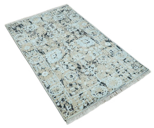 4x6 Fine Hand Knotted Aqua, Beige and Black Traditional Vintage Persian Style Antique Wool and Bamboo Silk Rug | AGR10