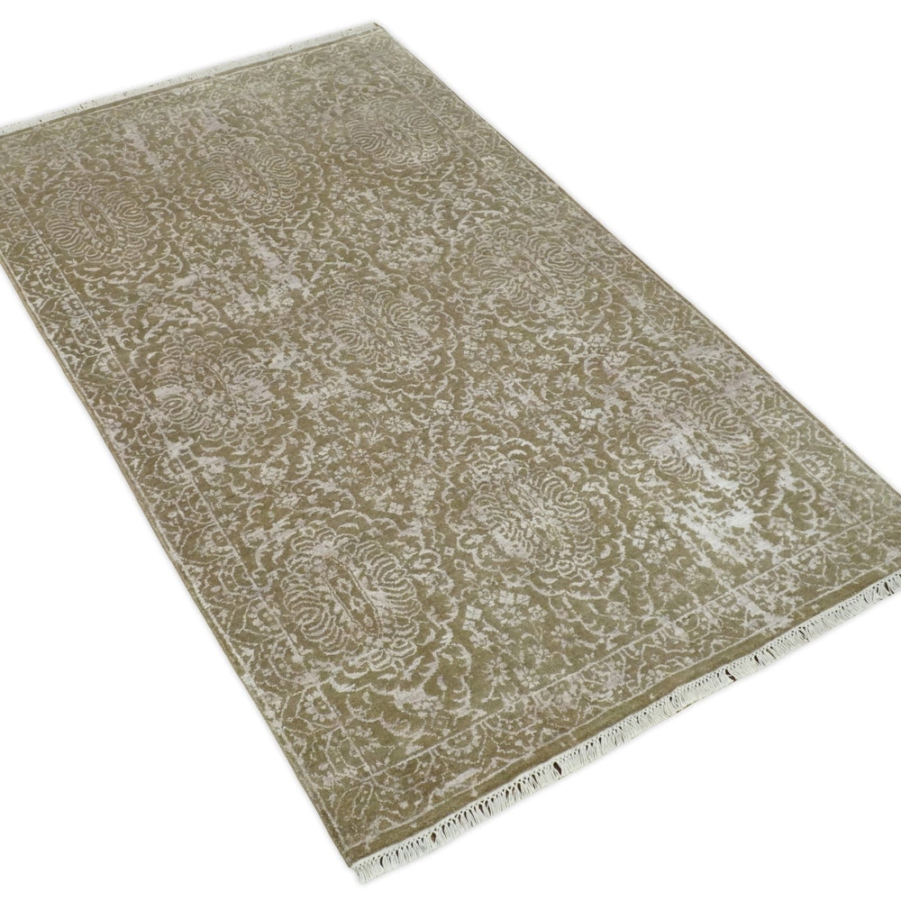 4x6 Fine Hand Knotted Olive and Silver Traditional Vintage Persian Style Antique Wool and SIlk Rug | AGR16