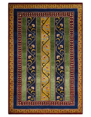 4x6 Green, Gold and Blue Striped Wool Hand Knotted Southwestern Lori Gabbeh Rug