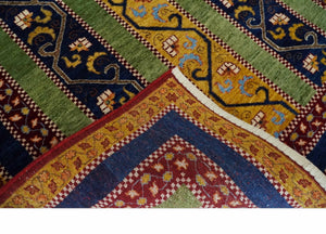 4x6 Green, Gold and Blue Striped Wool Hand Knotted Southwestern Lori Gabbeh Rug