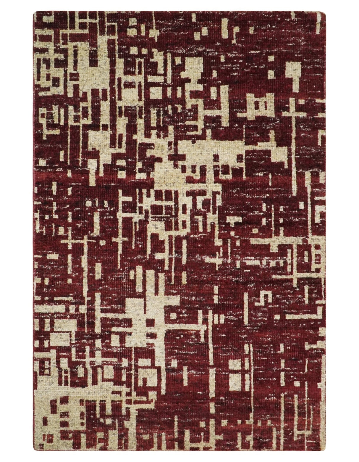 4x6 Hand Knotted Beige and Maroon Modern Abstract  Recycled Silk Area Rug