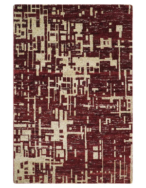 4x6 Hand Knotted Beige and Maroon Modern Abstract  Recycled Silk Area Rug