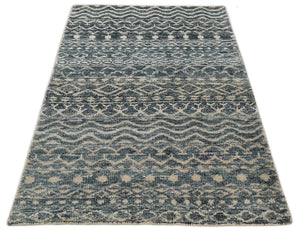 4x6 Hand Knotted Ivory, Beige and Blue Modern Contemporary Southwestern Tribal Trellis Recycled Silk Area Rug | OP55
