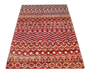 4x6 Hand Knotted Rust and Ivory Modern Contemporary Southwestern Tribal Trellis Recycled Silk Area Rug