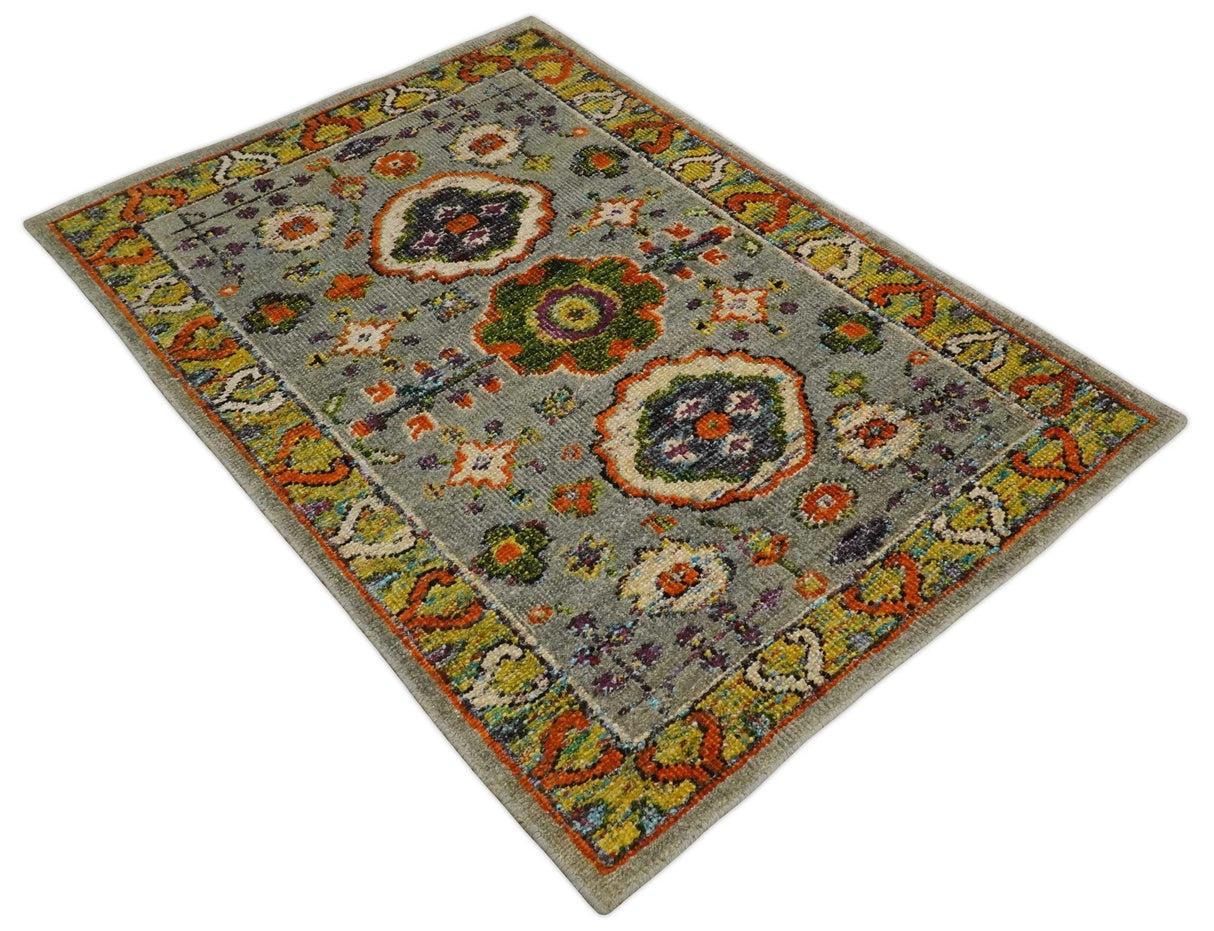4x6 Hand Knotted Silver, Yellow and Orange Persian Oushak  Recycled Silk Area Rug