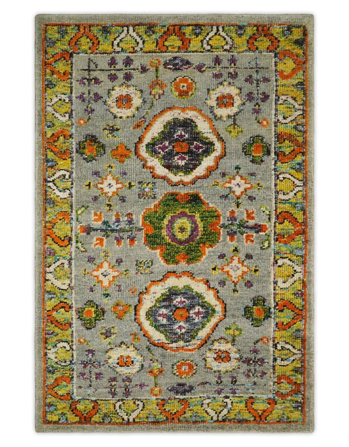 4x6 Hand Knotted Silver, Yellow and Orange Persian Oushak  Recycled Silk Area Rug