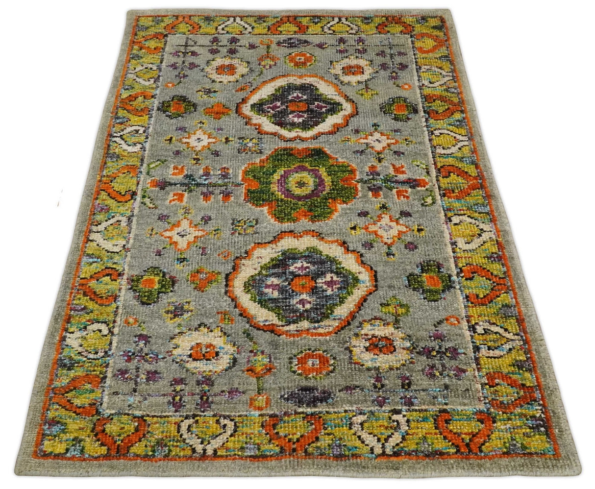 4x6 Hand Knotted Silver, Yellow and Orange Persian Oushak  Recycled Silk Area Rug