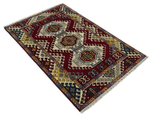 4x6 Hand Knotted Traditional Kazak Ivory and Rust Wool Area Rug