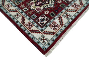 4x6 Hand Knotted Traditional Kazak Maroon And Blue Wool Area Rug