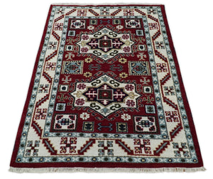 4x6 Hand Knotted Traditional Kazak Maroon And Blue Wool Area Rug