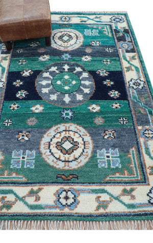 4x6 Hand knotted Traditional Khotan Design Teal And Ivory Wool Rug