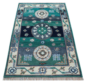 4x6 Hand knotted Traditional Khotan Design Teal And Ivory Wool Rug