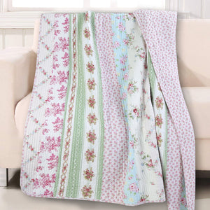 Wild Rose Enchantment Floral Bloom Garden Stripe Real Patchwork Reversible Quilt Bedding Set