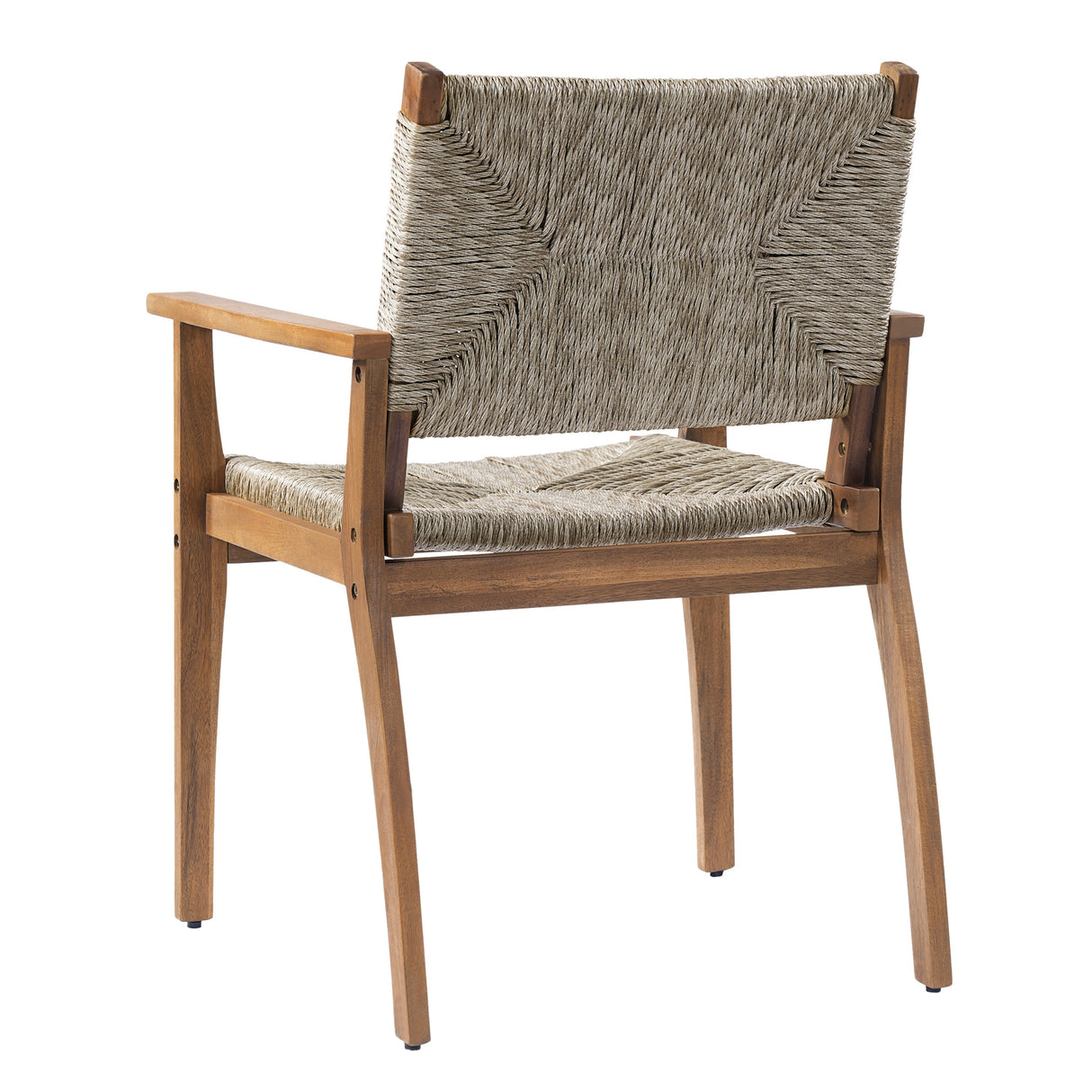 5-Piece Outdoor Dining Set: Brown Round Acacia Wood Table & 4 Brown Wicker Armchairs