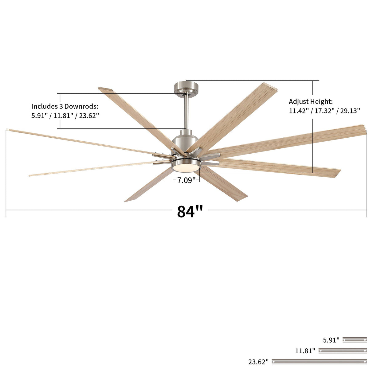 Oversized Large Ceiling Fan With Dimmable LED Light, 8 Blades, Remote Control