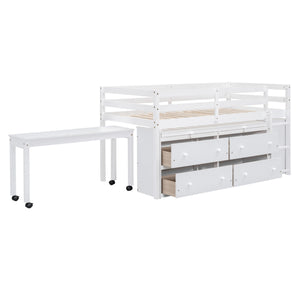 Loft Bed With Retractable Writing Desk And 4 Drawers, With Lateral Portable Desk And Shelves