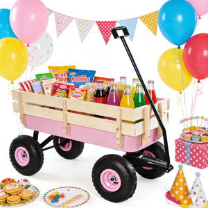 Outdoor All Terrain Garden Wagon with Wooden Railings and Pneumatic Tires