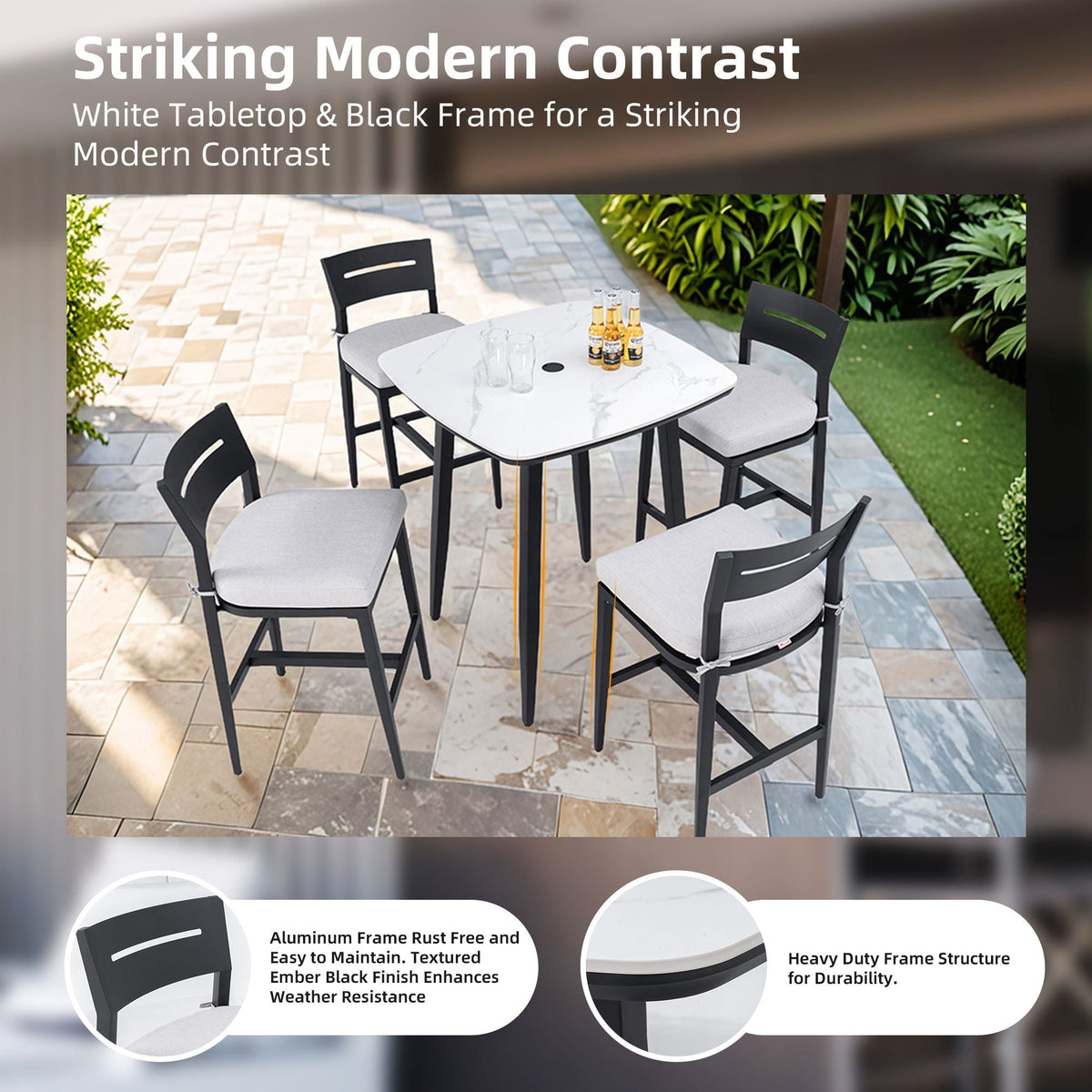 Modern Outdoor Patio Bar Set, Rounded Square Table & Bar Chairs, Non Rust Frame, Tapered Legs, Sunbrella Cushion
