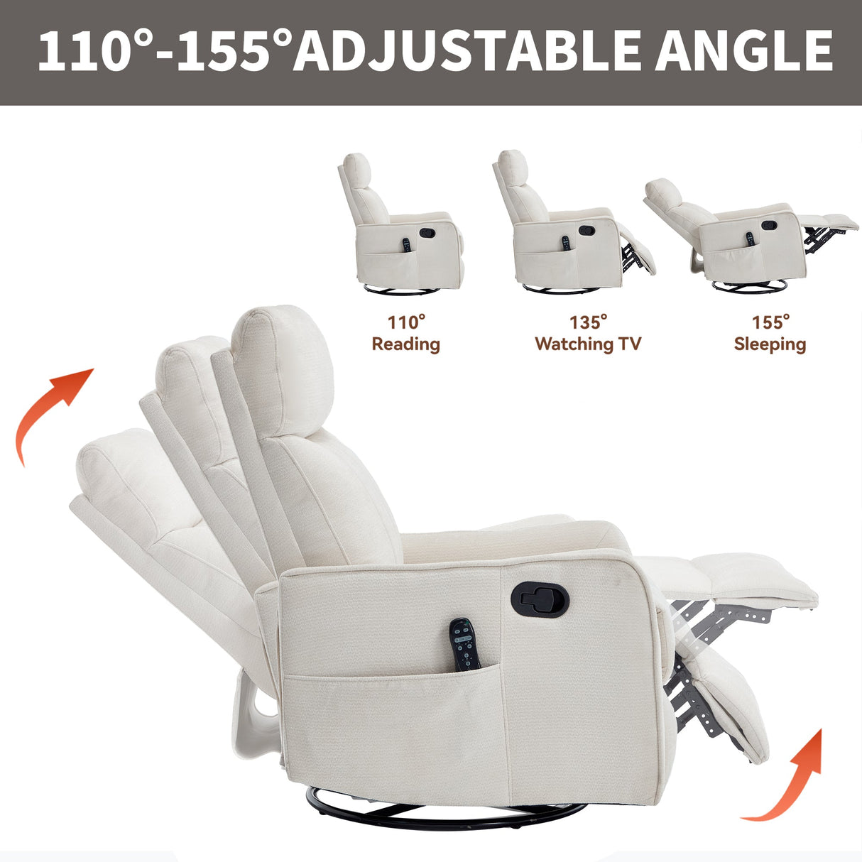Beige Heat Massage Manual Recliner Chair with Rocker and Swivel