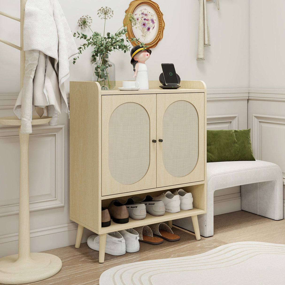 2 Door Shoe Rack, Freestanding, Modern Shoe Storage Cabinet, For Entryway - Natural