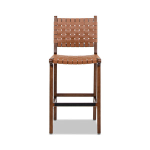 Andre 26' Woven Leather Counter Stool with Back, Pecan Brown Faux Leather