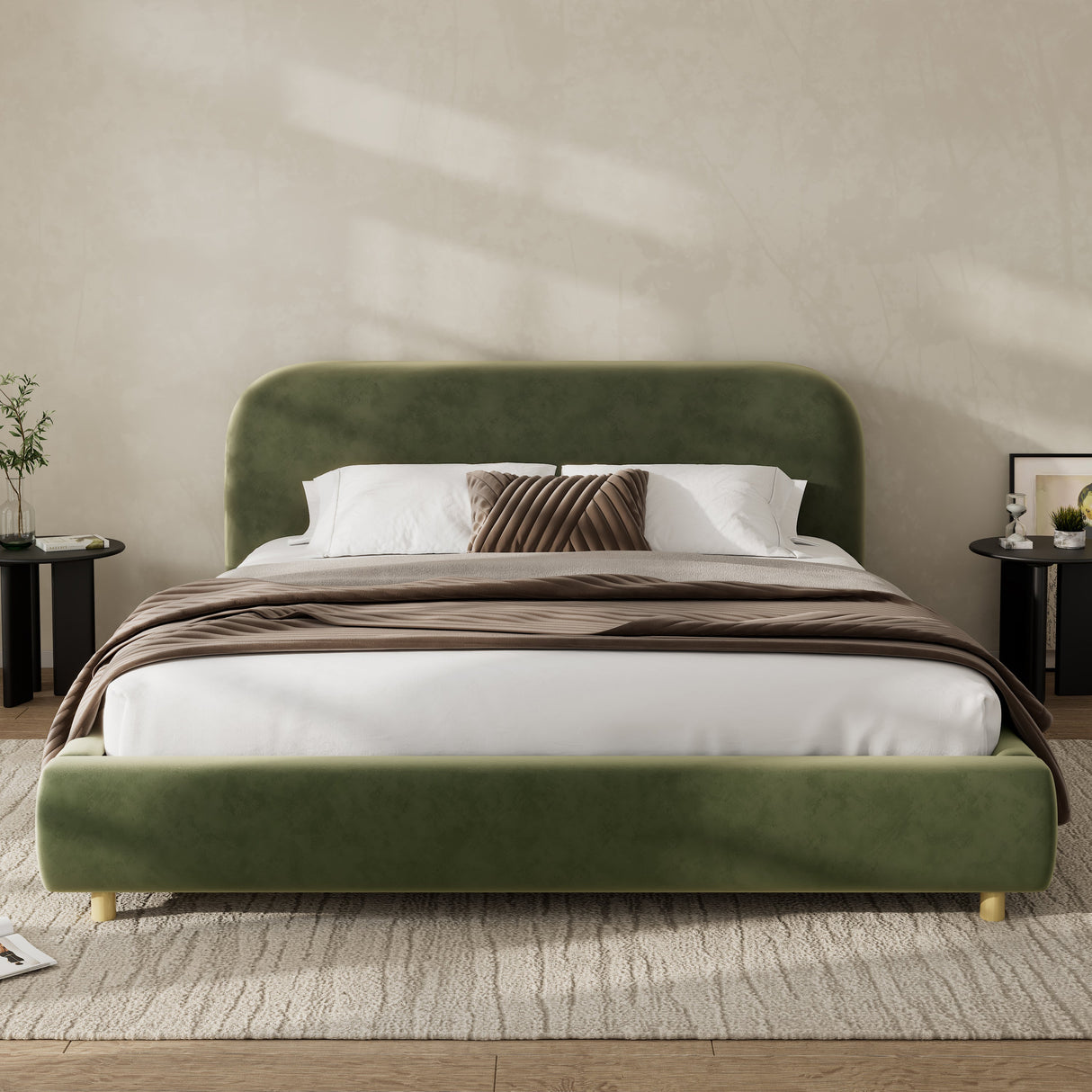 King Size Platform Bed with Velvet Fabric and Curved Headboard