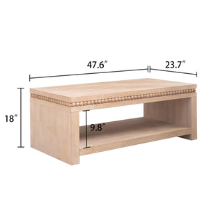 Modern Wood Coffee Table with Beaded Trim – 47 Rectangular Coffee Table with Open Storage Shelf, Light Natural Finish – Farmhouse & Coastal Living Room Furniture