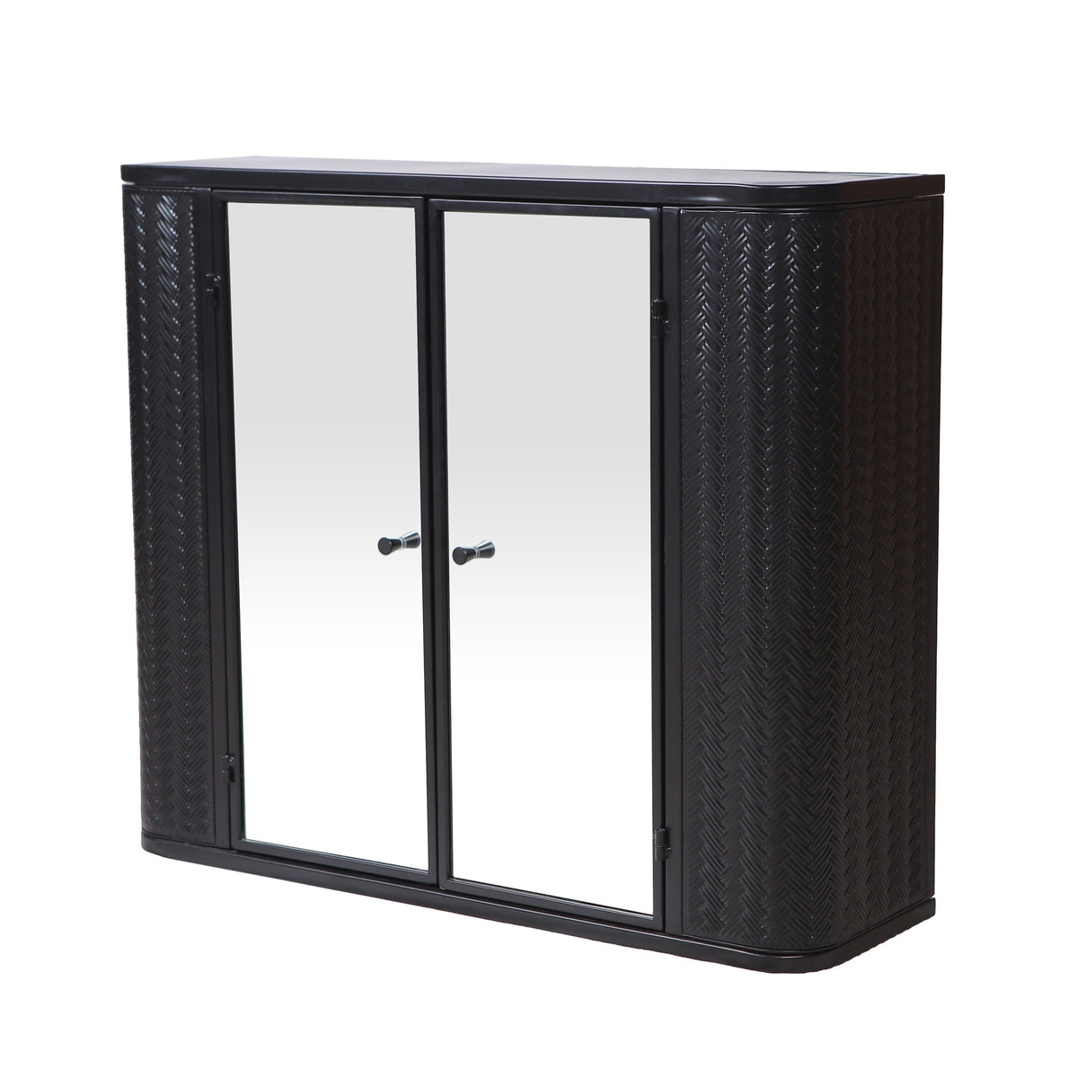 Black Wall-Mounted Bathroom Cabinet with Mirror, 2 Mirrored Doors & Open Shelf
