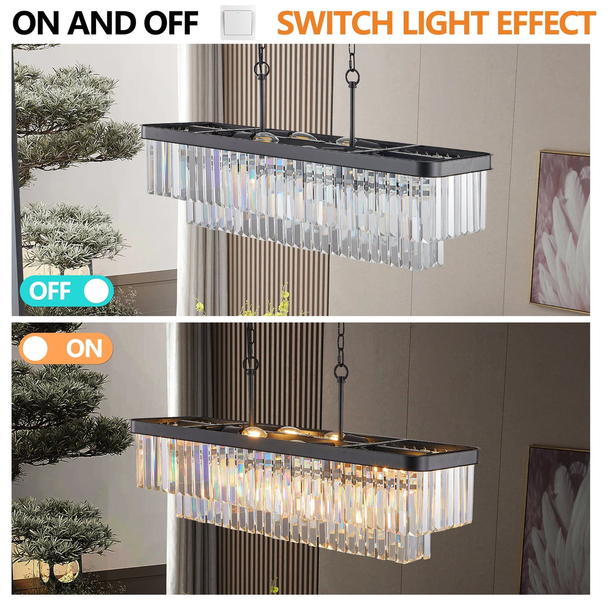 Chandeliers,Rectangular Crystal Chandelier Adjustable,E12 Modern Industrial Crystal Lights,Farmhouse Iron Ceiling Hanging Light for Kitchen Living Room Bedroom/Black(Bulb Not Included)