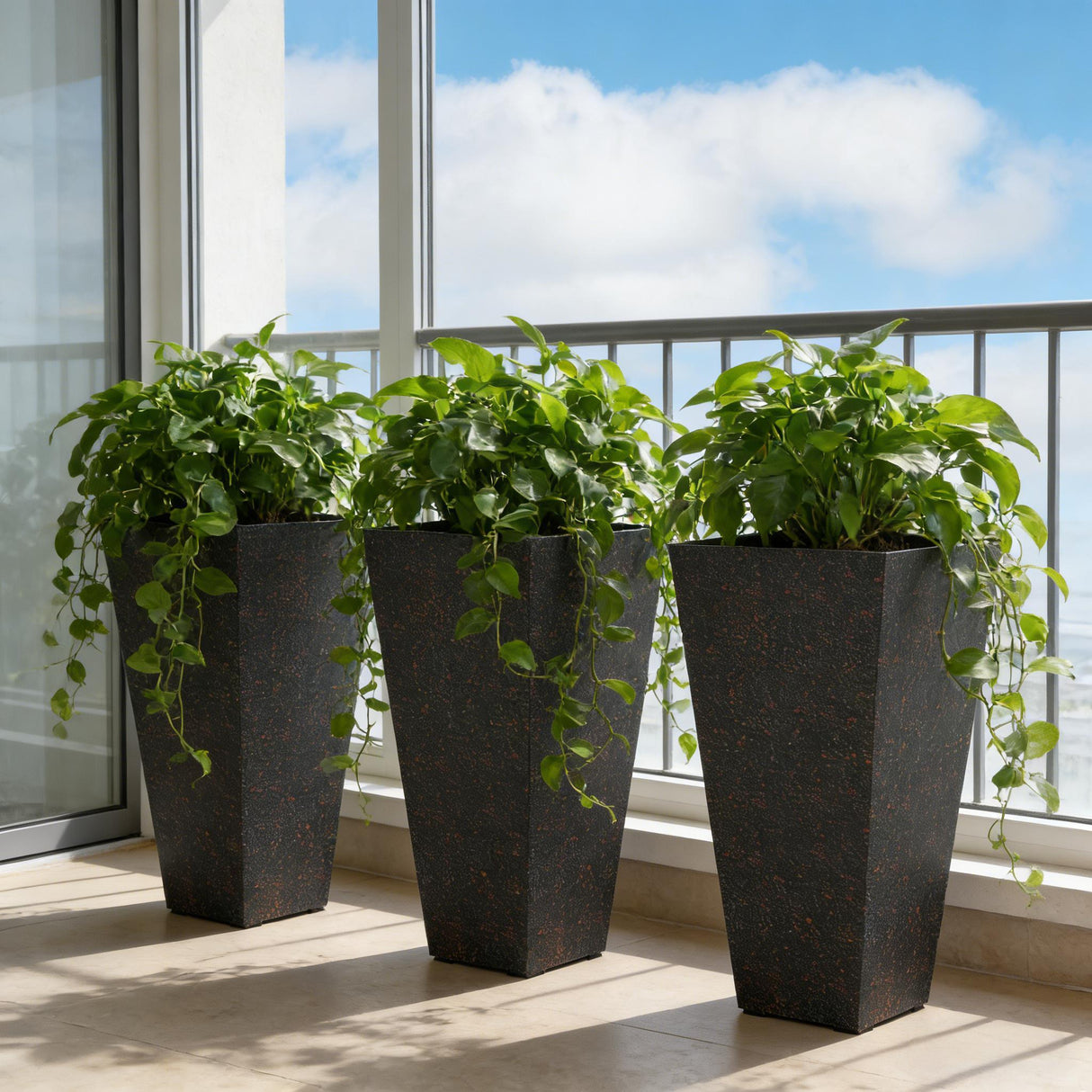 Set of 3 Tall Flower Pots with Marble Look Finish