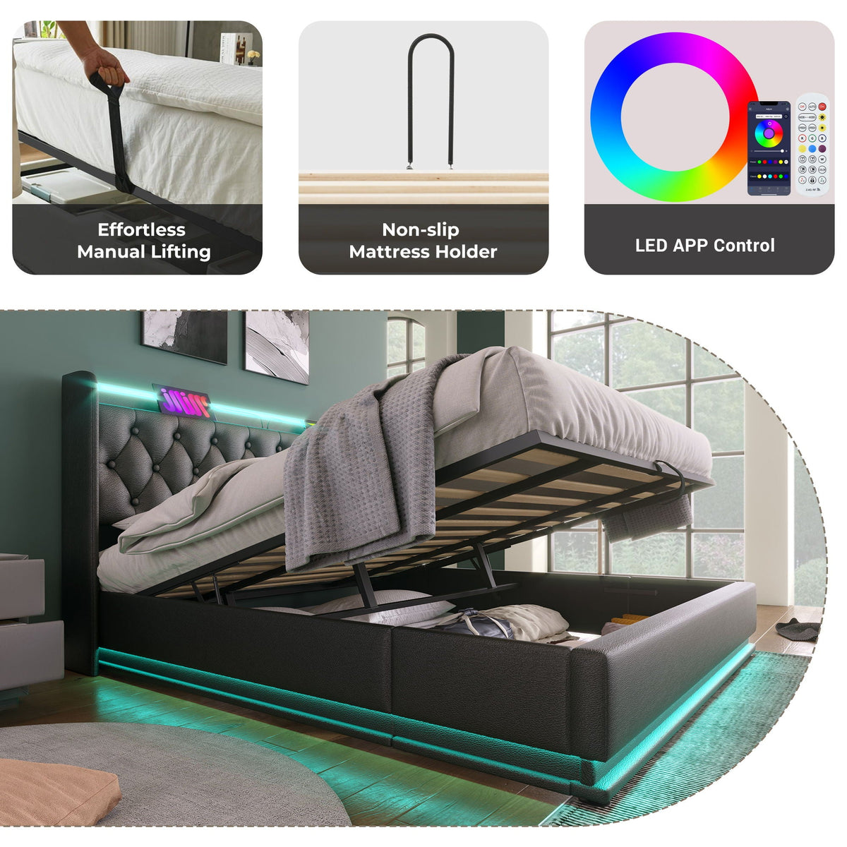 Upholstered Bed, 360 Surround LED Function, Remote Control, Hydraulic Storage Bed With USB, Type-C Charging (Without Mattress)