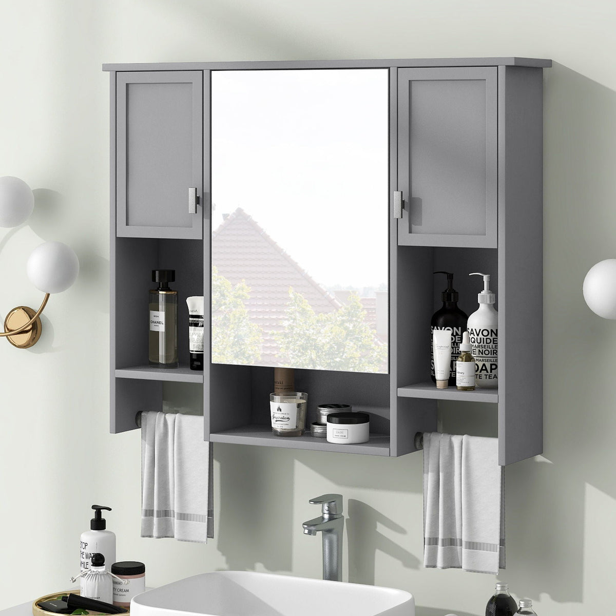 Wall Mounted Bathroom Storage Cabinet with Mirror and Towel Bar - Black, Dark Gray, or White