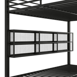 Queen Over Queen Bunk Bed With Storage Cabinets And LED Sturdy Frame, 6 Storage Units, Adjustable LED Lights - Black