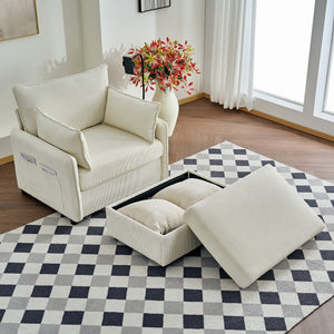 Oversized Chaise Lounge Chair with Ottoman and Storage in Beige