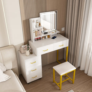 Elegant Makeup Vanity With Led Lights & Power Outlet - White
