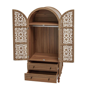 Tall Kitchen Pantry Cabinet With Hollow Carved Doors 2 Drawers And Adjustable Shelves Storage Display Cabinet For Kitchen Dining Room Or Living Room - Walnut
