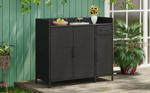 K&K 47.5"W Wicker Outdoor Storage Cabinet with Tempered Glass Desktop