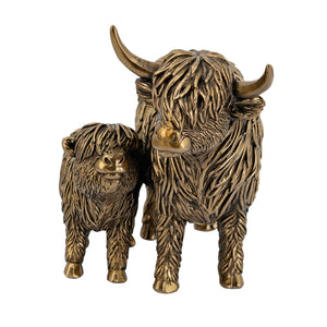 7.5x4.5x5.5' Lifelike Polyresin Highland Cow and Calf Statue with Rich Bronze Finish