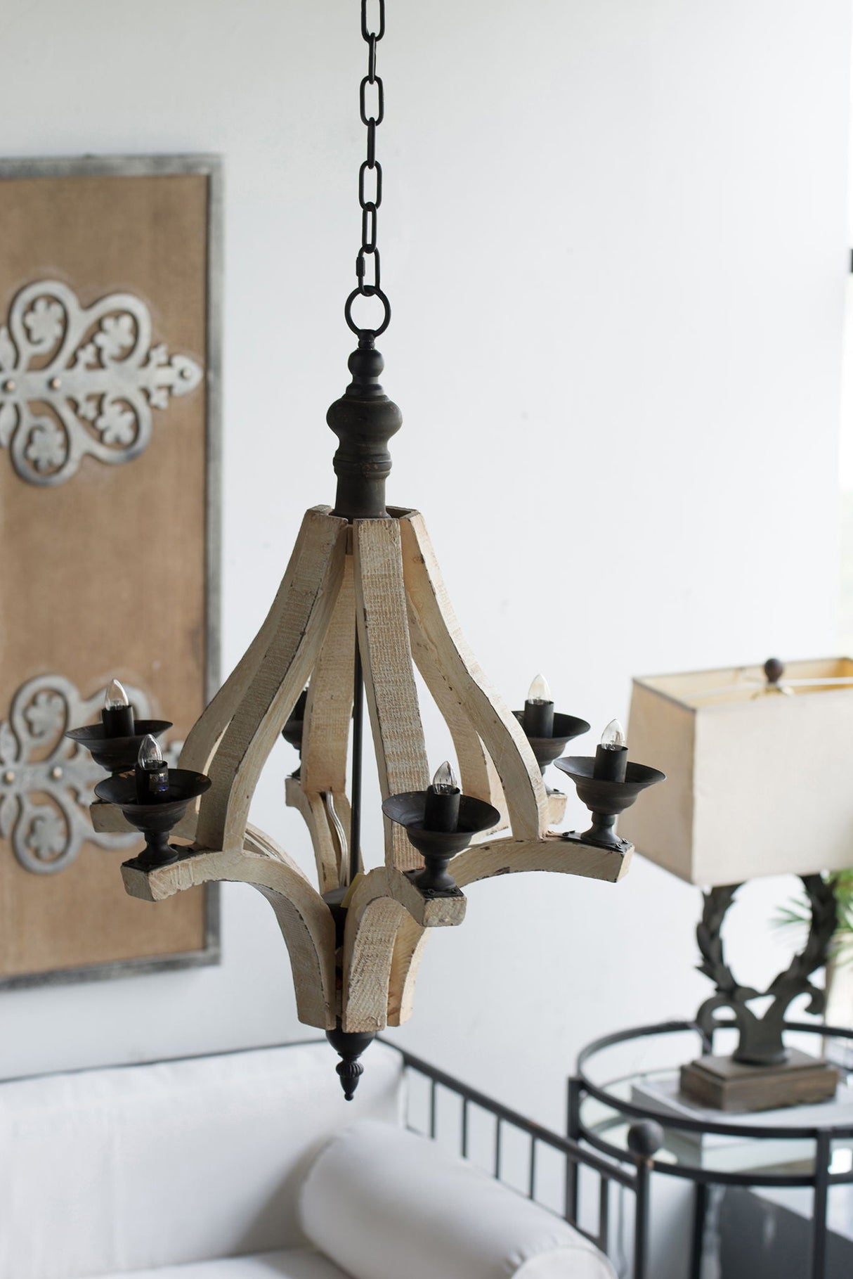 6 Light Wood Chandelier, Hanging Light Fixture With Adjustable Chain For Kitchen, Bulb Not Included - Cream