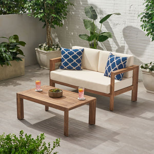 2 Piece Patio Set with Open-Back Loveseat and Coffee Table - Beige/Brown
