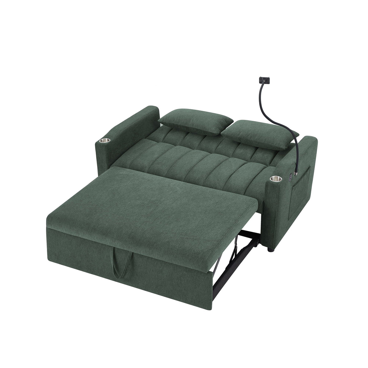 Convertible Sofa Bed Loveseat Sofa With Three USB Ports, Two Side Pockets, Two Cup Holders And 360° swivel Phone Holder For Living Room