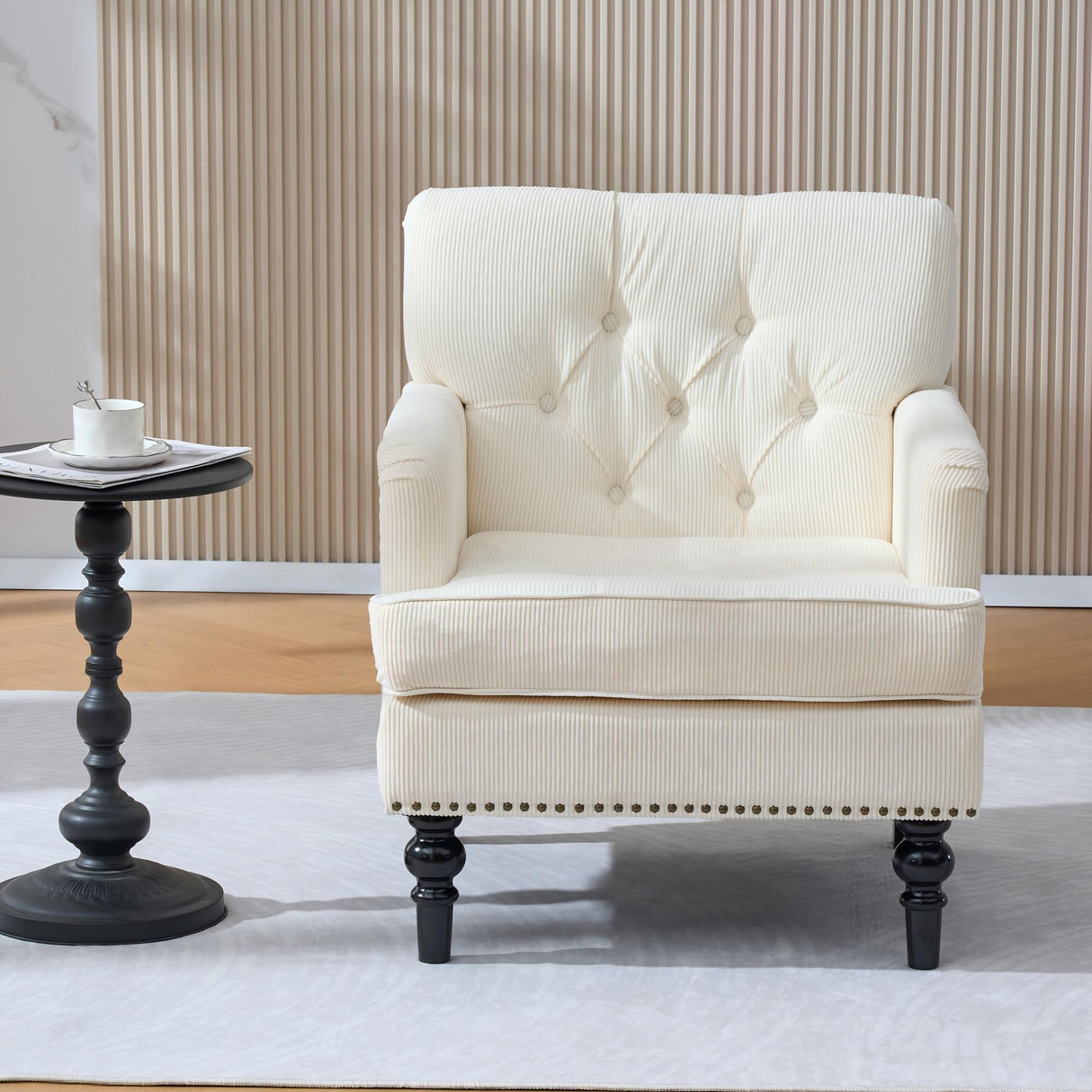 Tufted Club Chair, Upholstered Accent Armchair in Beige Corduroy