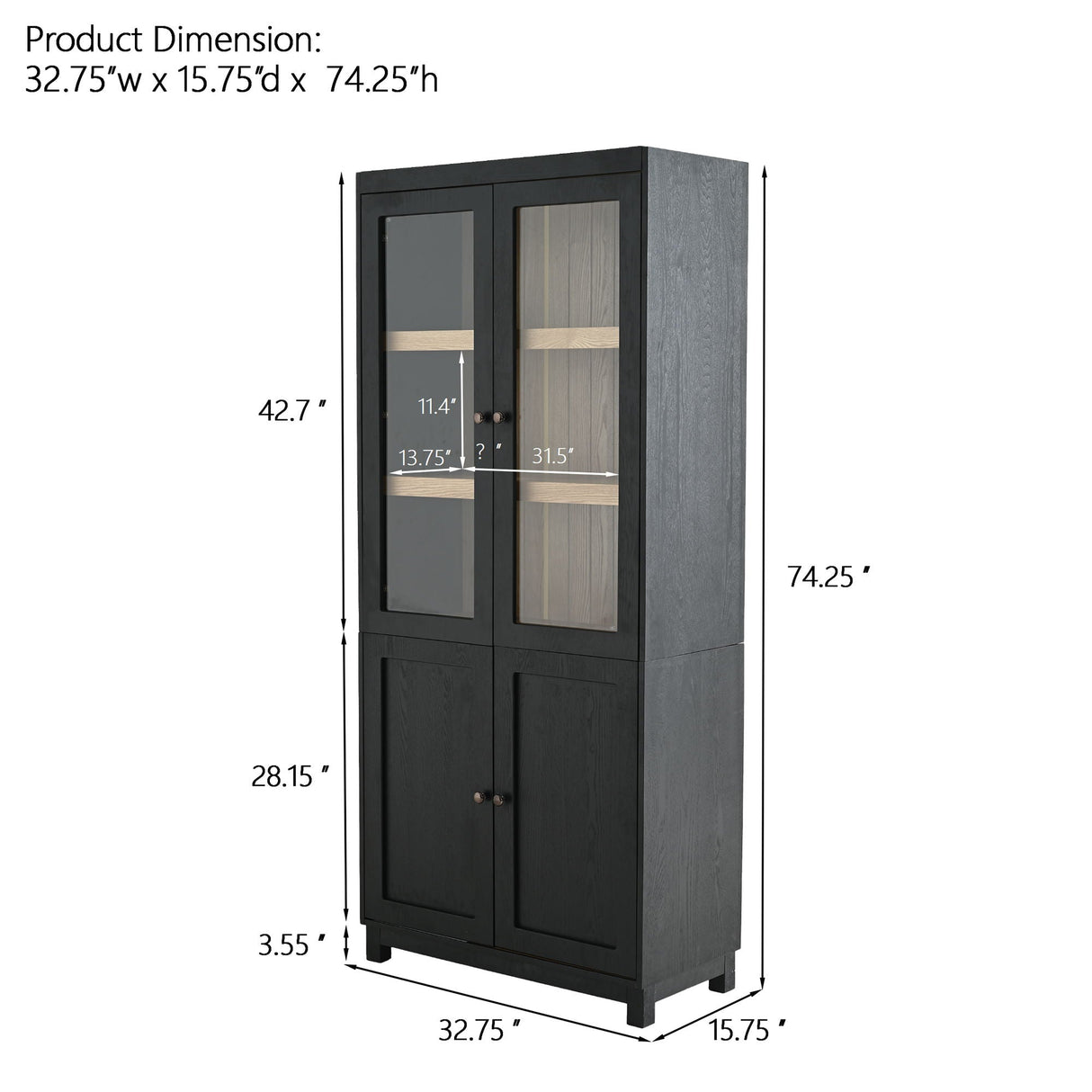 Mid Century Modern Style Tall Display Cabinet With Glass Doors For Collectibles - Black