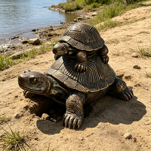 19'' Vintage Bronze Stacked Turtle Statue
